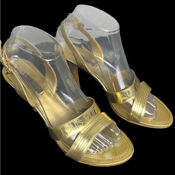 Rare Louis Vuitton Gold Slingback Sandals w/3.5” Stacked Wood Heel Size 38/US 7 - Picture 4 of 15